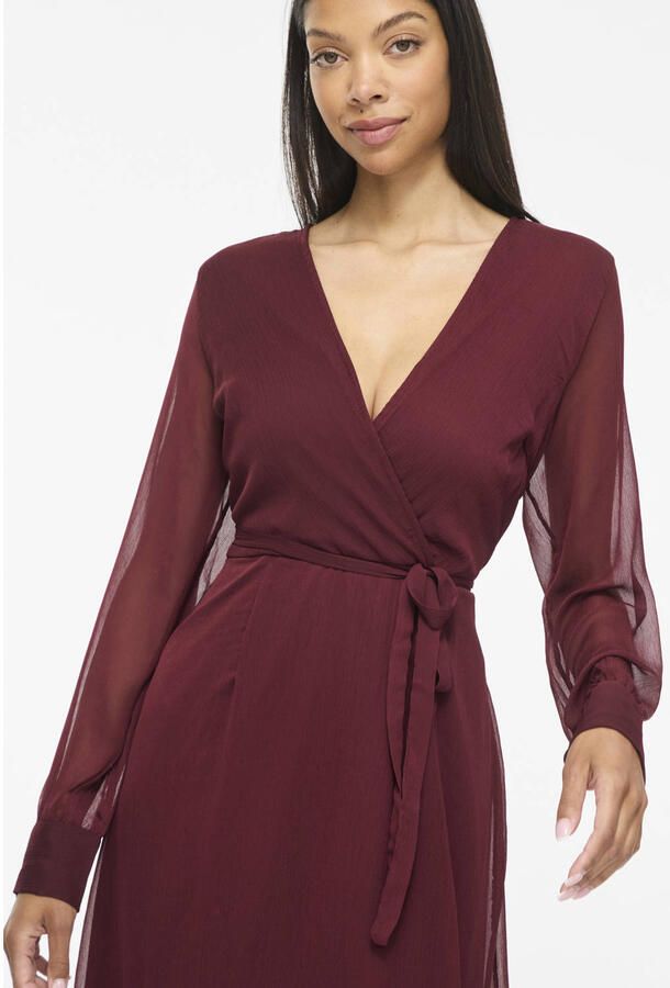 VILA semi-transparante midi jurk met ceintuur donkerrood