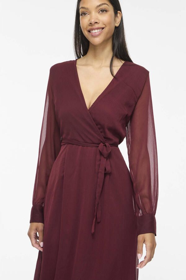 VILA semi-transparante midi jurk met ceintuur donkerrood - Foto 3