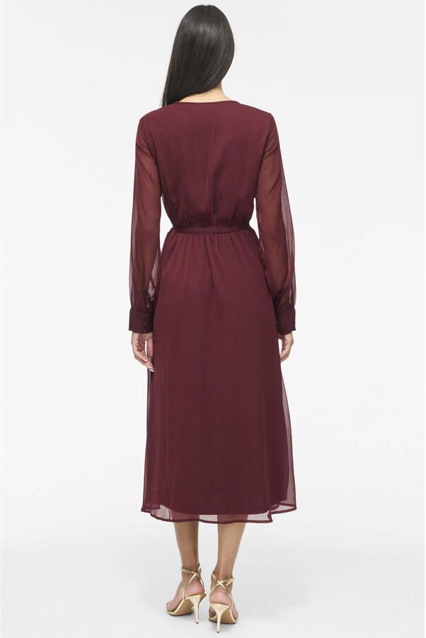 VILA semi-transparante midi jurk met ceintuur donkerrood - Foto 2