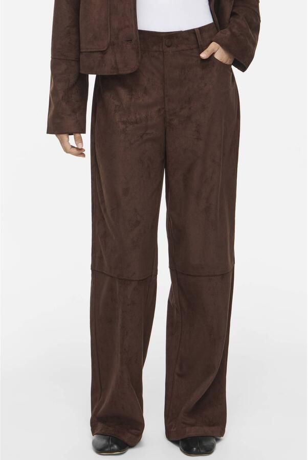 VILA suèdelook regular waist wide leg casual broek bruin