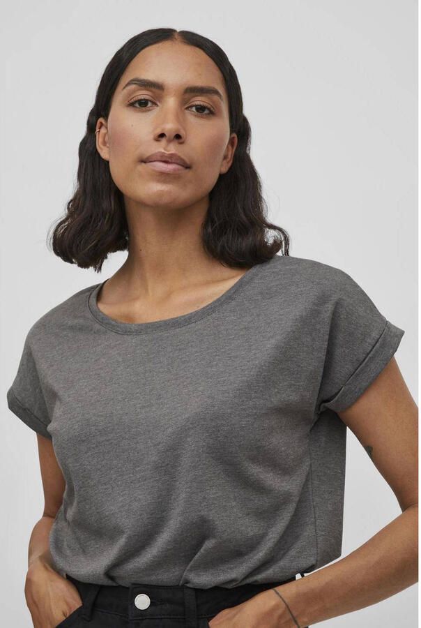 Vila Shirt met ronde hals VIDREAMERS NEW PURE T-SHIRT SU-NOOS Basic dames T-shirt met ronde hals en omgeslagen mouwen