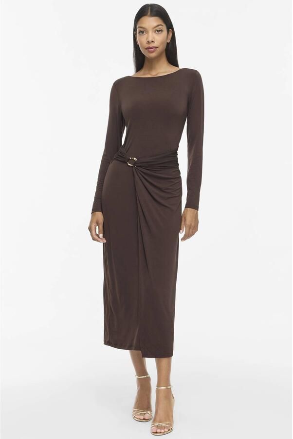 VILA Vijustine Boatneck L S Midi Dress Dc midi jurk met plooien donkerbruin