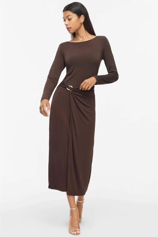 VILA Vijustine Boatneck L S Midi Dress Dc midi jurk met plooien donkerbruin - Foto 2