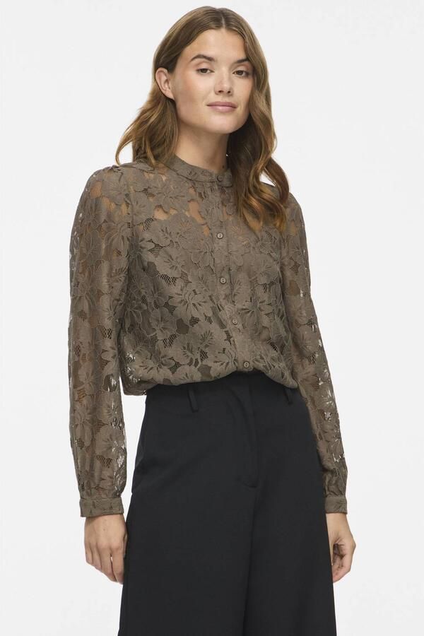 VILA Visala L S Lace Shirt kanten semi-transparante blouse donkergroen