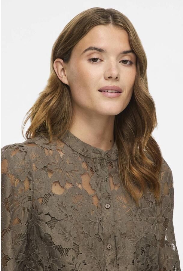 VILA Visala L S Lace Shirt kanten semi-transparante blouse donkergroen - Foto 3