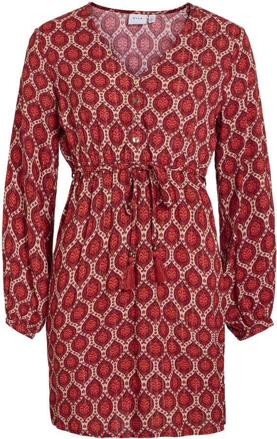 VILA viscose mini jurk met ceintuur en print roodbruin