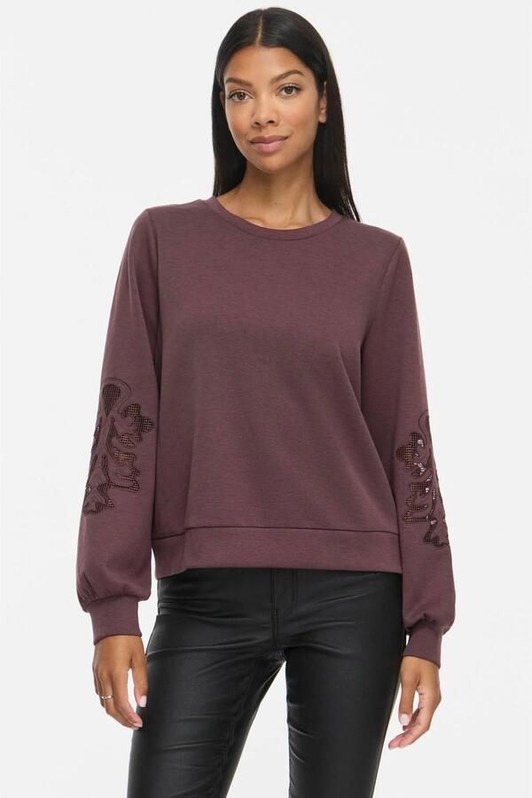 VILA Visiffa Lace O-Neck L S Top met pailletten donkerpaars