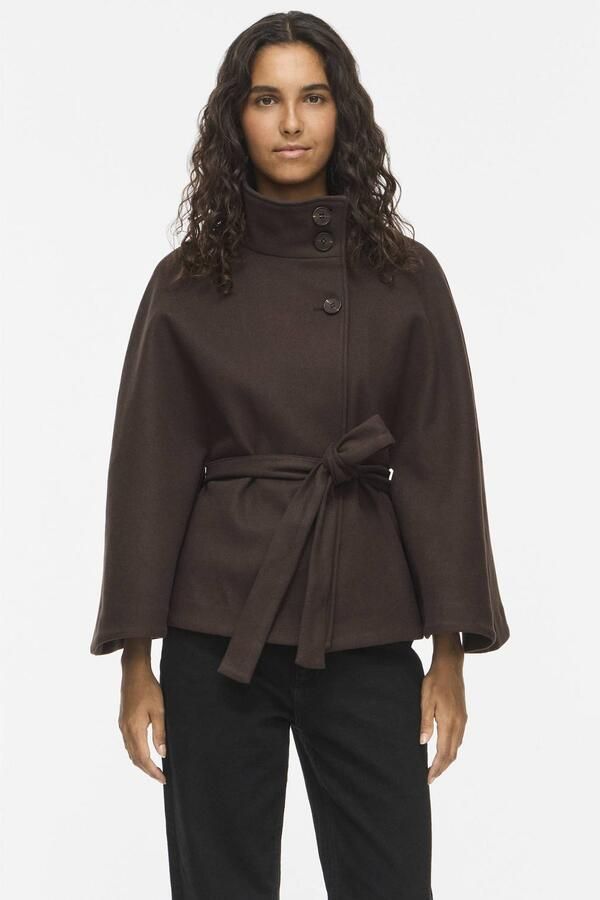 VILA Visolo highneck cape jacket wintermantel met ceintuur donkerbruin