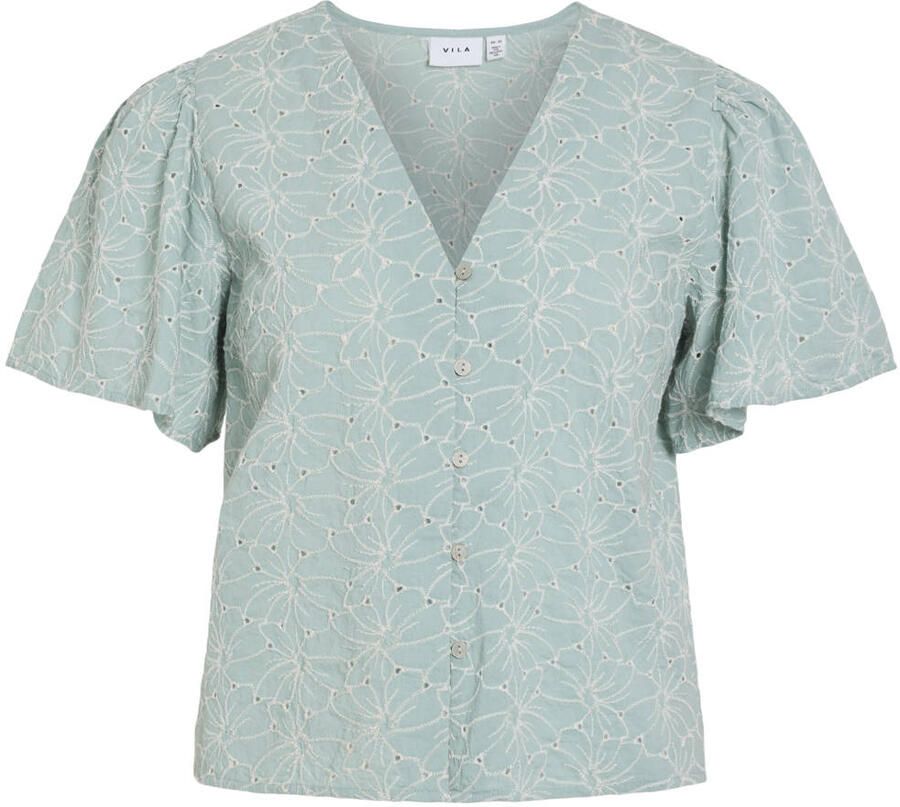 VILA Vizelka V-Neck S S Shirt katoenen broderie top turquoise