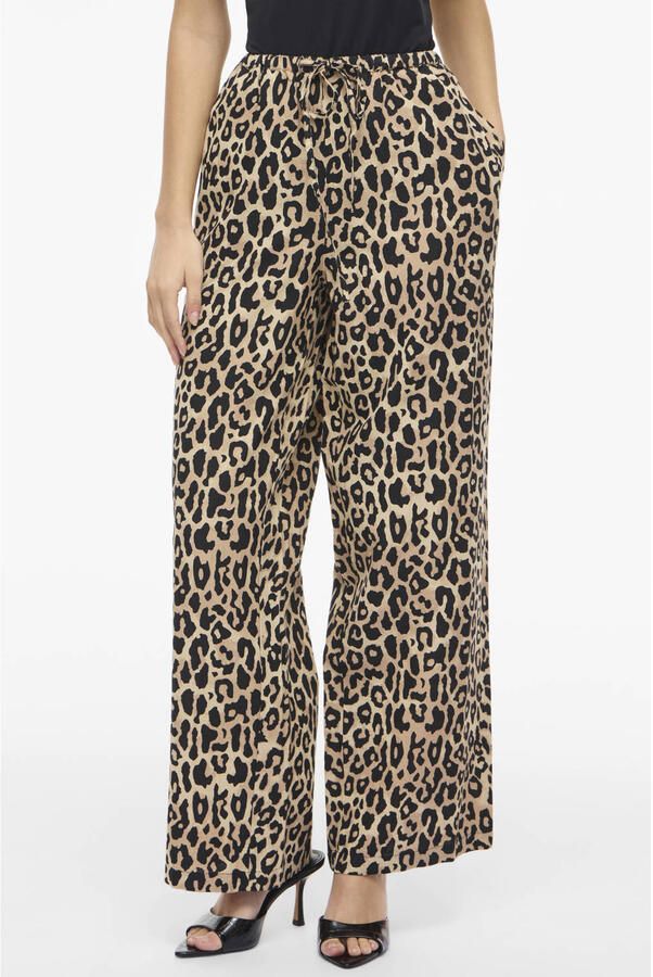 VILA wide leg panterprint broek met linnen lichtbruin
