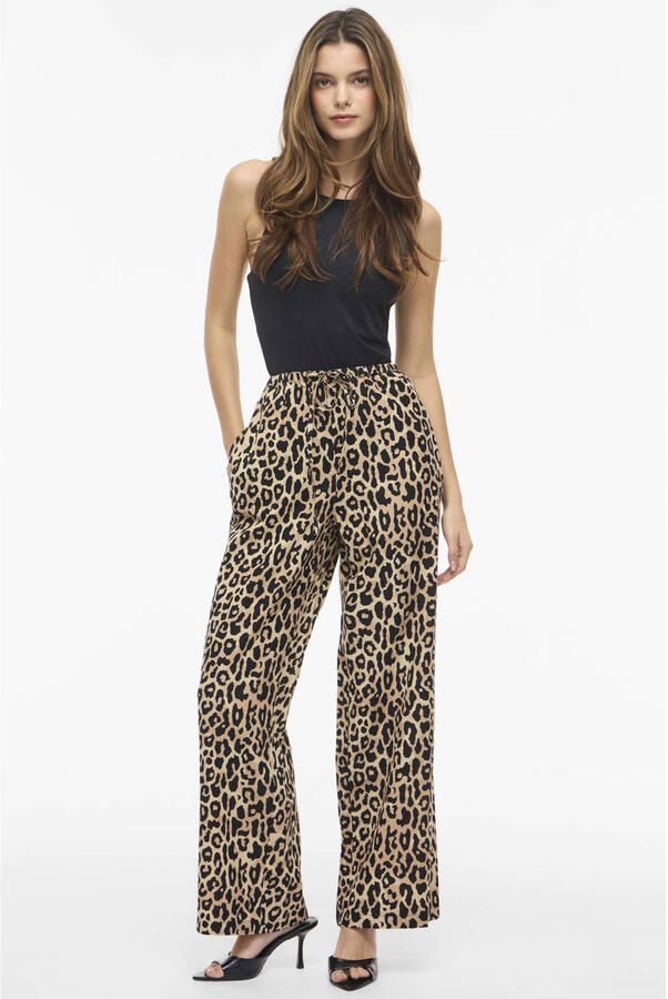VILA wide leg panterprint broek met linnen lichtbruin - Foto 2