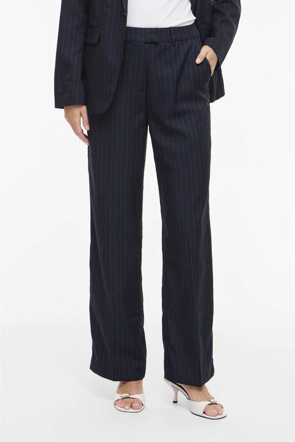 VILA wide leg regular waist casual broek met krijtstreep blauw