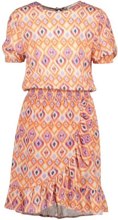 VINGINO jurk PAUDRINE met all over print en ruches oranje lila wit Meisjes Viscose Boothals 104