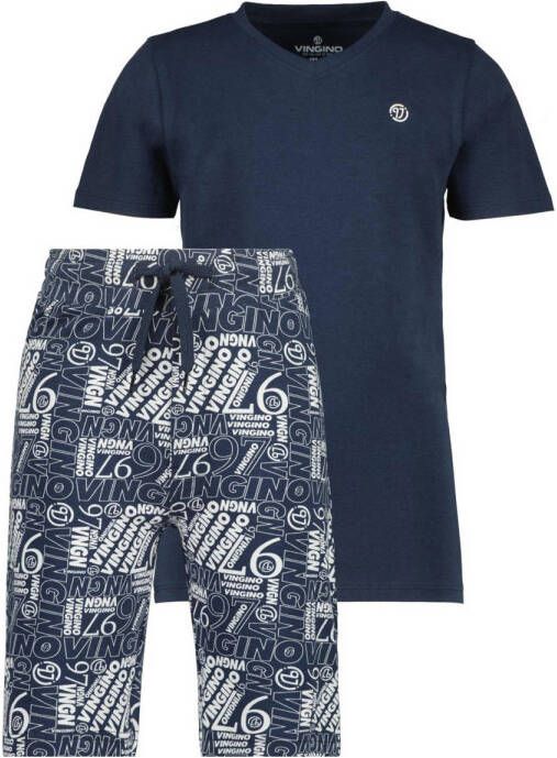 VINGINO pyjama met all over print donkerblauw wit Jongens Stretchkatoen Ronde hals 110 116
