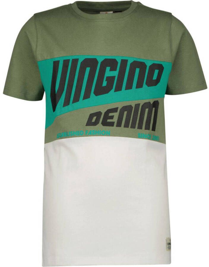 VINGINO T-shirt met logo kaki wit Groen Jongens Katoen Ronde hals Logo 110