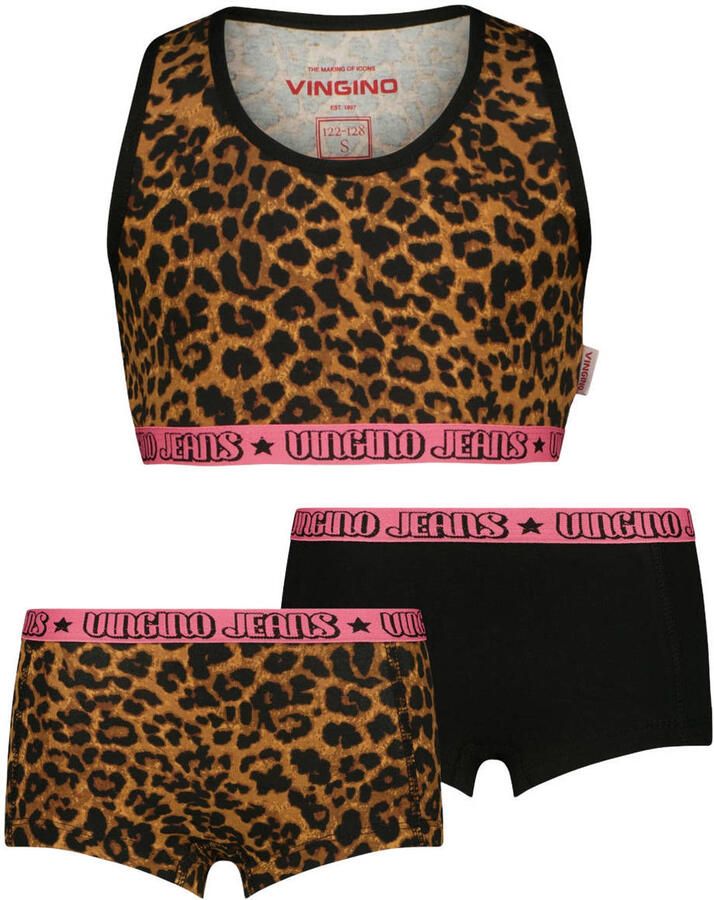Vingino bh top en shorts met panterprint bruin zwart (set van 3) Top + short Meisjes Stretchkatoen Ronde hals