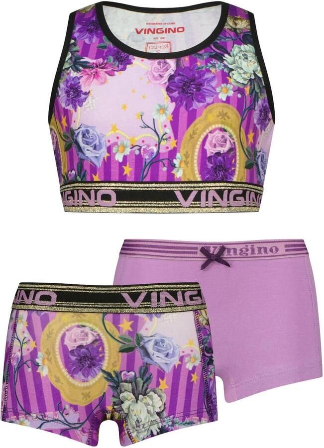 Vingino bh tops en hipsters met print deep purple (set van 3) Top + short Paars Meisjes Stretchkatoen Ronde hals