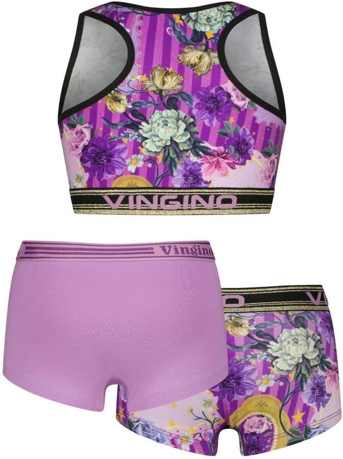 Vingino bh tops en hipsters met print deep purple (set van 3) Top + short Paars Meisjes Stretchkatoen Ronde hals - Foto 3