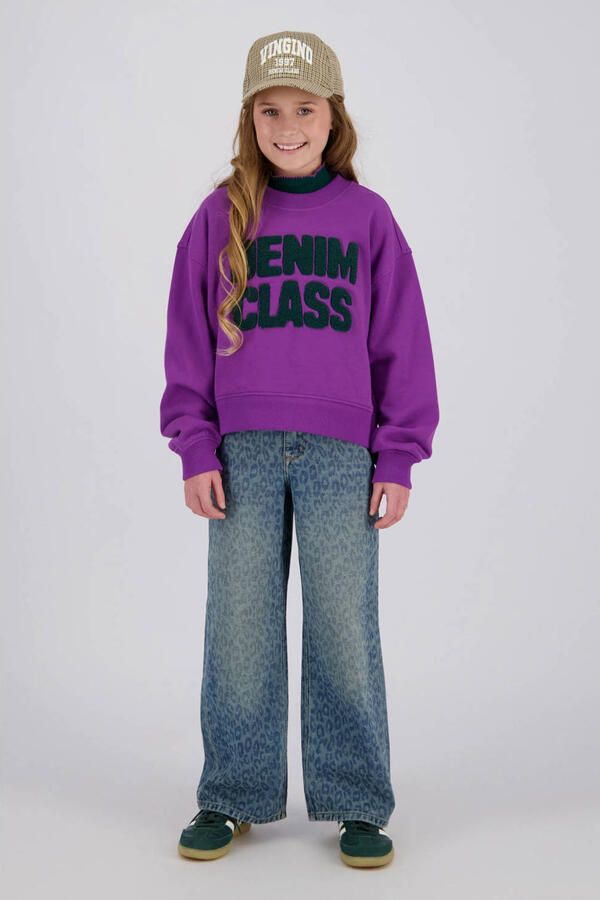 Vingino Cassie wide leg jeans met panterprint mediumblauw Meisjes Katoen