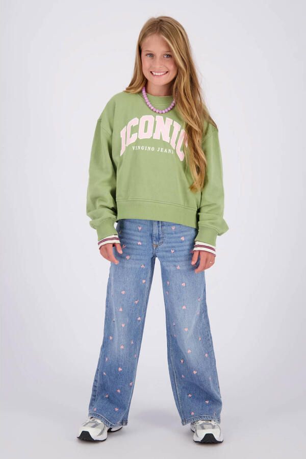 Vingino Cita Special wide leg jeans met borduursels en hartjes lichtblauw