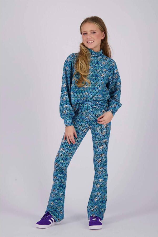 Vingino high waist flared broek Stexie met all over print blauw grijs - Foto 2
