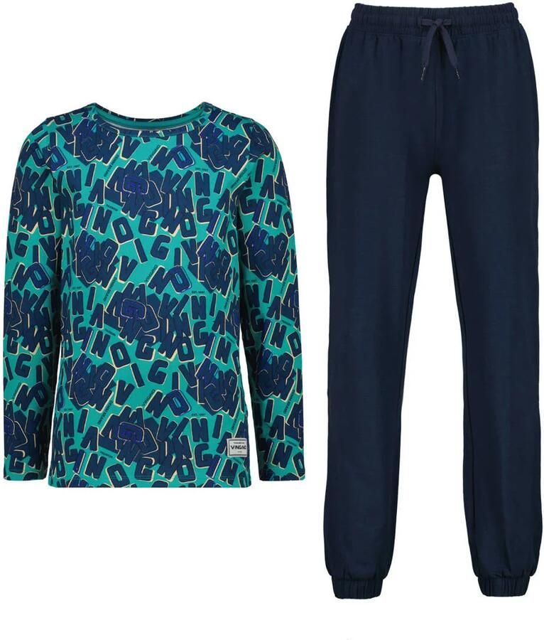 Vingino pyjama met print donkerblauw blauw Jongens Stretchkatoen Ronde hals