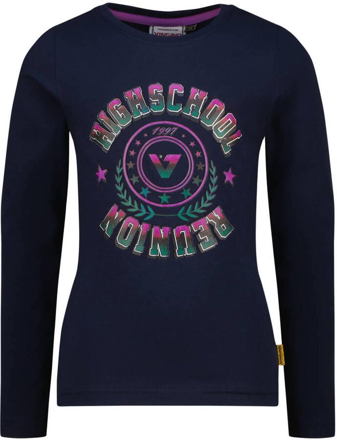 Vingino rechtvallende longsleeve met print donkerblauw Meisjes Katoen Ronde hals