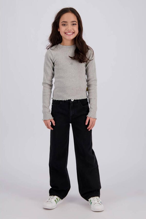 Vingino rechtvallende longsleeve met strass-steentjes grijs Meisjes Katoen Ronde hals