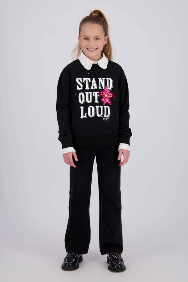 Vingino rechtvallende sweater met strass-steentjes en tekst zwart Printopdruk