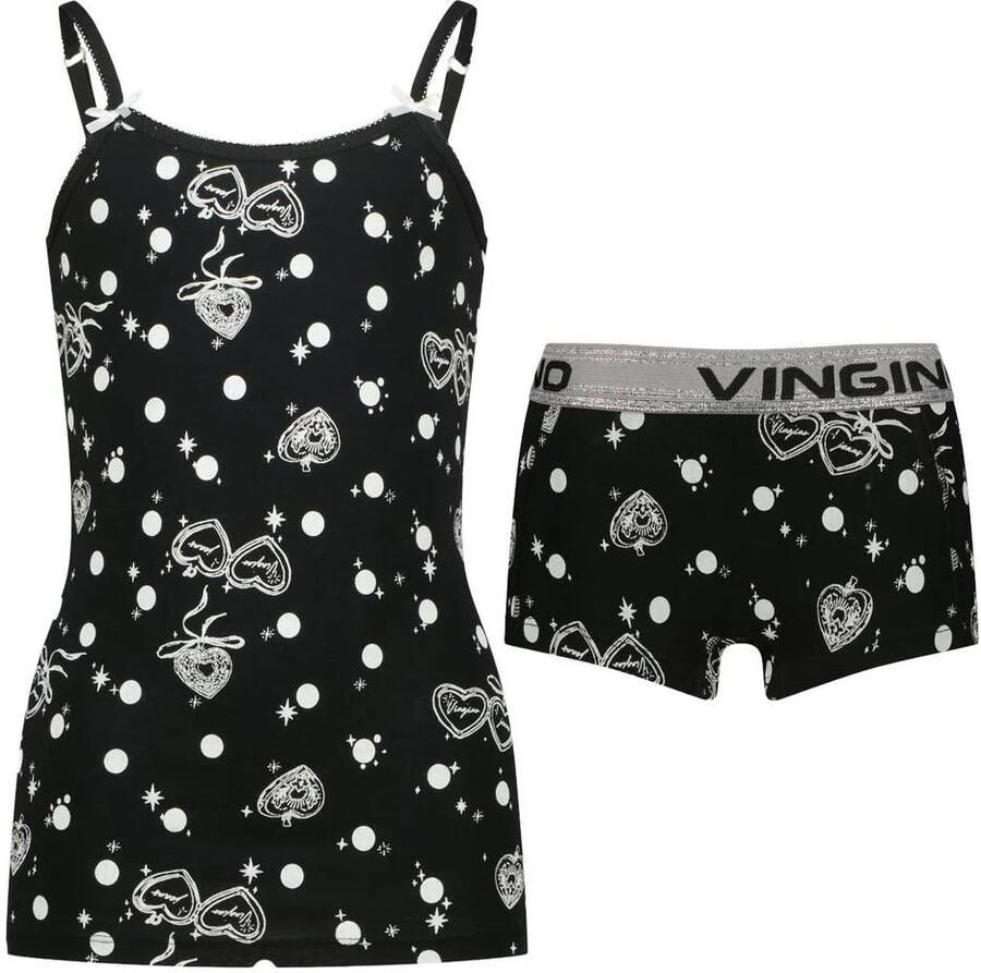 Vingino top en hipster met print zwart Top + short Meisjes Stretchkatoen Ronde hals