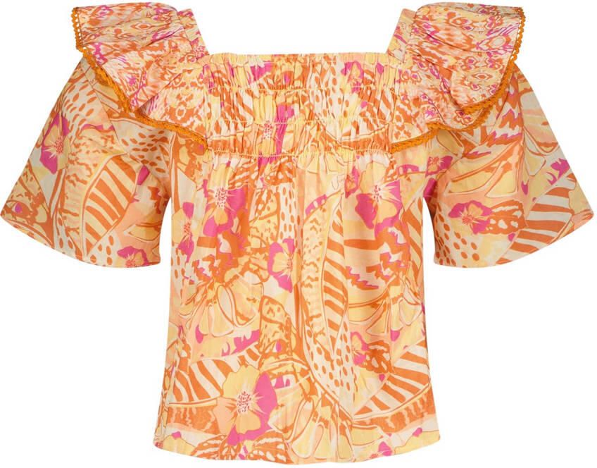 VINGINO top Lorance met all over print oranje roze geel Meisjes Katoen Vierkante hals 140