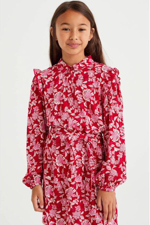 WE Fashion jurk met all over print en ceintuur roze rood Meisjes Viscose Opstaande kraag 110 116