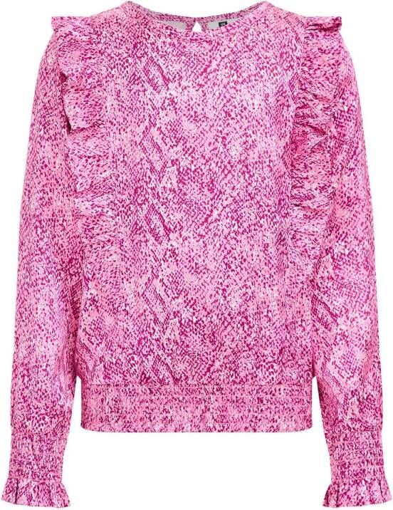 WE Fashion top Wave met all over print en volant roze Meisjes Gerecycled dons Ronde hals 110 116