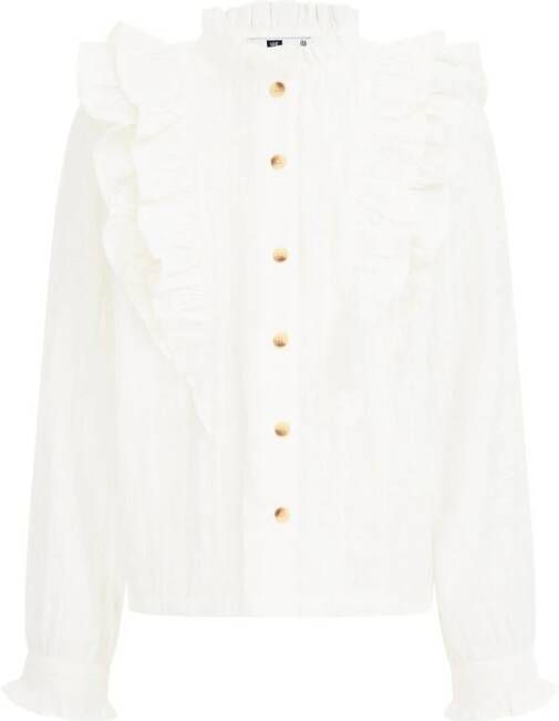 WE Fashion blouse met ruches wit Meisjes Katoen Opstaande kraag 134 140