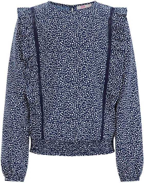 WE Fashion top Wave met all over print en volant donkerblauw wit Meisjes Gerecycled dons Ronde hals 110 116