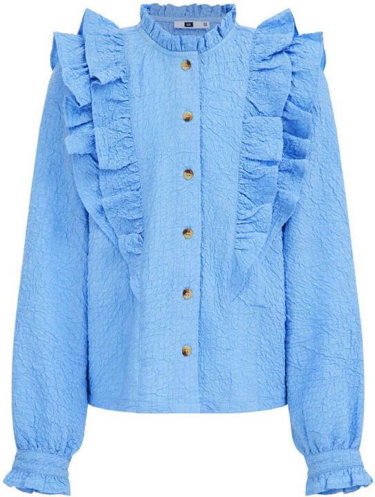 WE Fashion blouse met ruches lichtblauw Meisjes Polyester Opstaande kraag 146 152