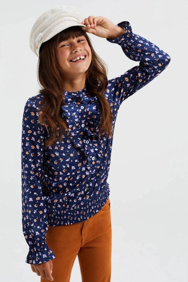 WE Fashion blouse met all over print donkerblauw multicolor Meisjes Gerecycled dons (duurzaam) Ronde hals 110 116