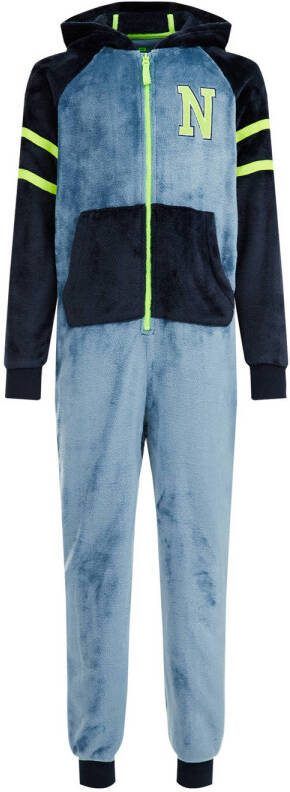 WE Fashion fleece onesie donkerblauw lichtblauw Meerkleurig 110 116