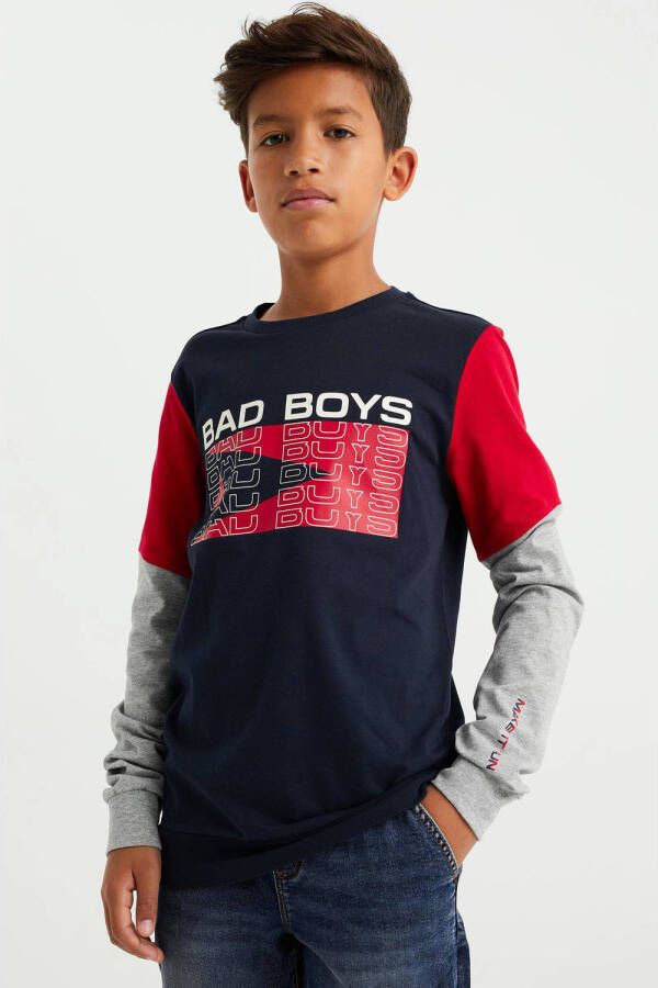 WE Fashion Bad Boys longsleeve donkerblauw rood grijs Jongens Katoen Ronde hals 110 116