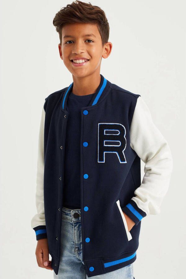 WE Fashion Blue Ridge baseball vest donkerblauw wit Jongens Sweat Ronde hals 134 140