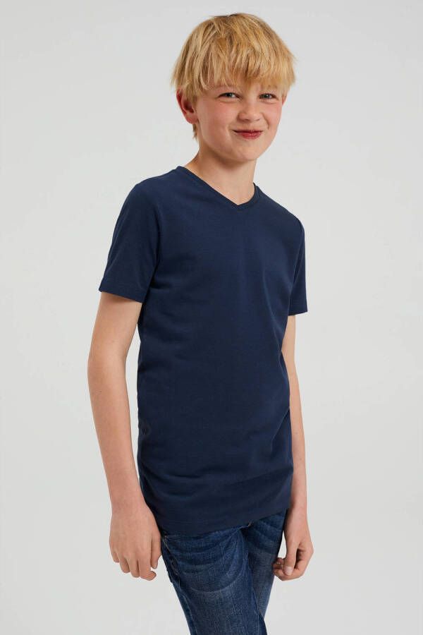 WE Fashion basic T-shirt donkerblauw Jongens Stretchkatoen V-hals Effen 122 128
