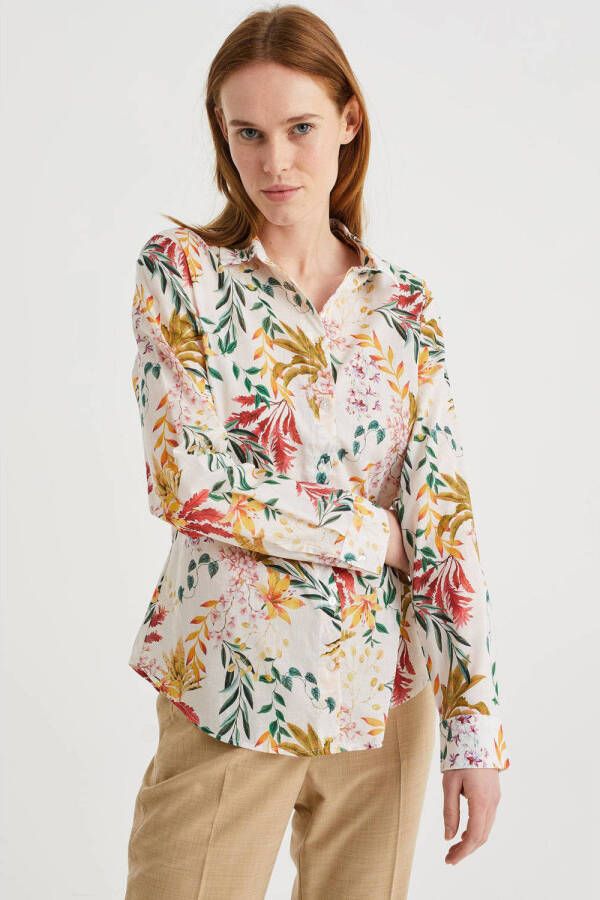 WE Fashion blouse Corrie met bladprint wit groen bruin