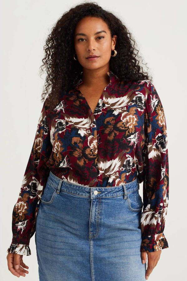WE Fashion Curve blouse met all over print zand bordeaux donkerblauw