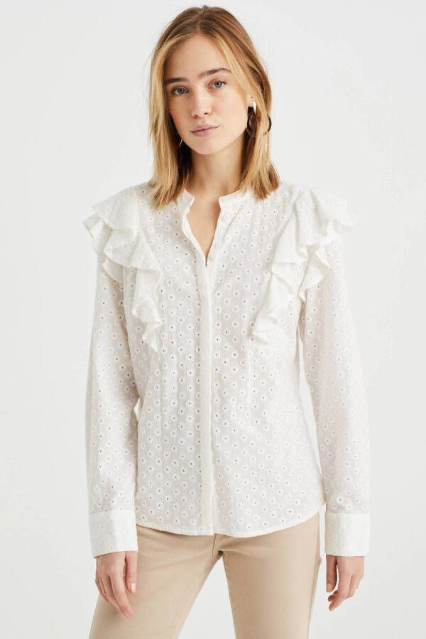 WE Fashion blouse met ruches met broderie wit