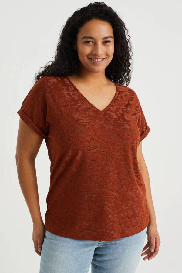 WE Fashion Curve gebloemd T-shirt terra