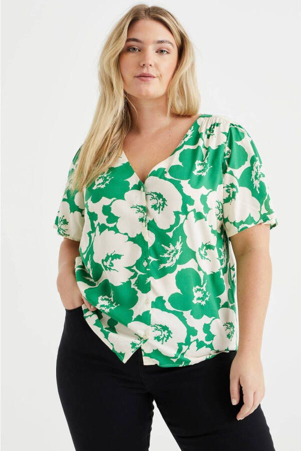 WE Fashion Curve gebloemde blouse groen ecru