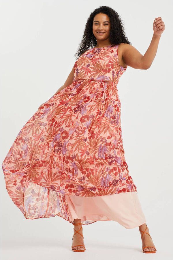 WE Fashion Curve semi-transparante maxi jurk met bladprint roze paars