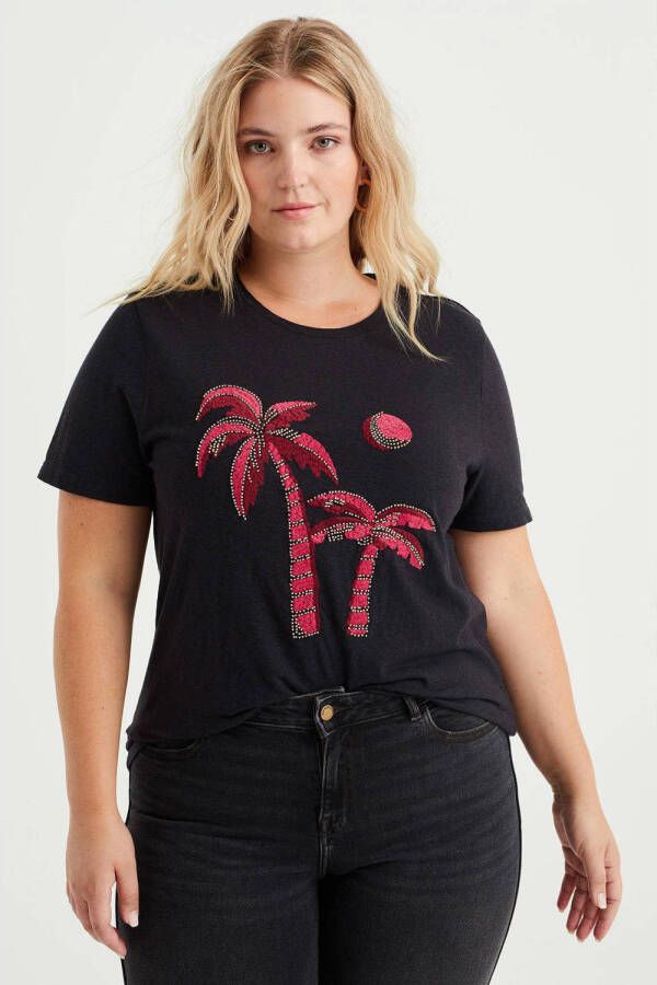 WE Fashion Curve T-shirt met printopdruk zwart roze