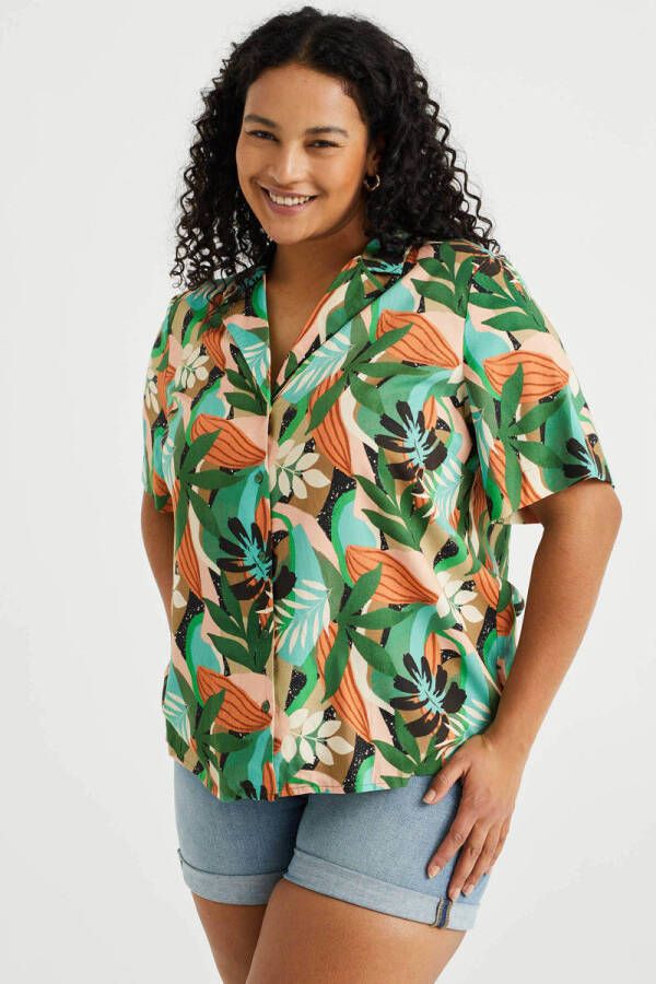 WE Fashion Curve blouse met bladprint groen blauw