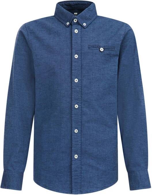 WE Fashion denim overhemd blauw Jongens Stretchdenim Klassieke kraag Effen 110 116